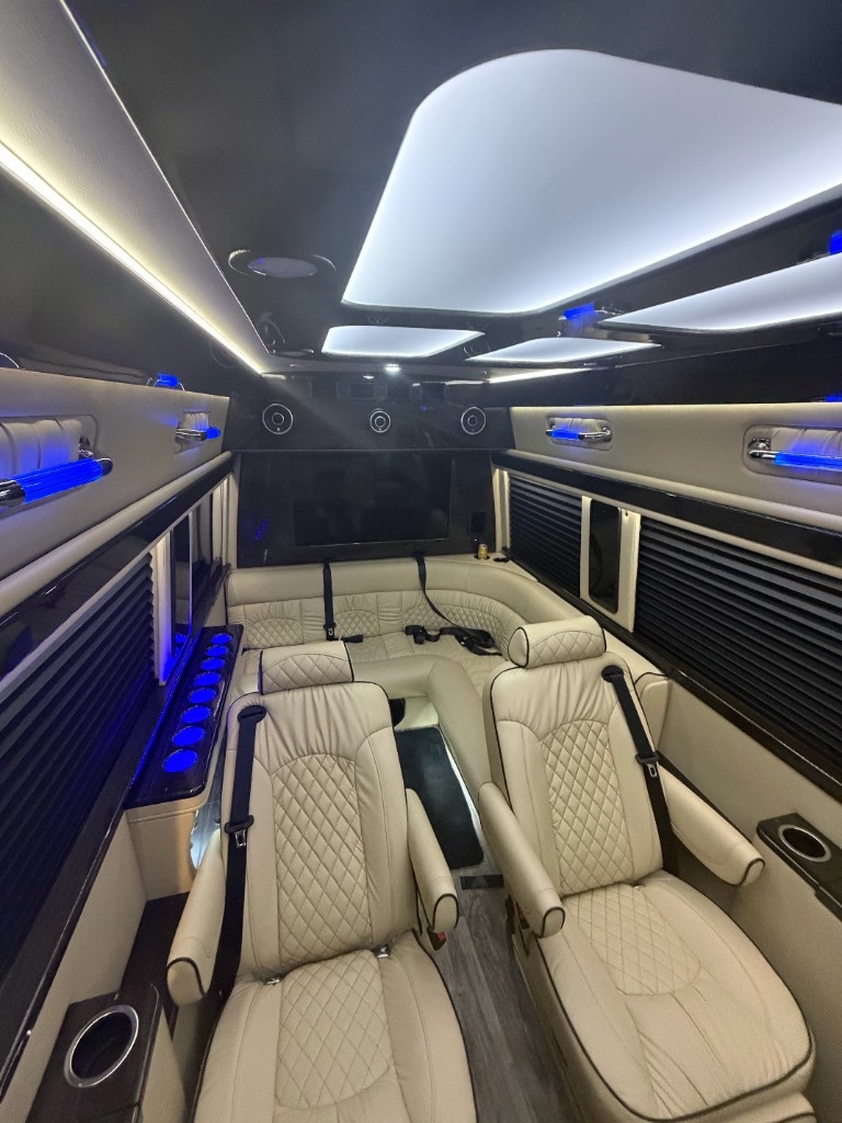 Luxury Sprinter cabin — leather lounge, TV